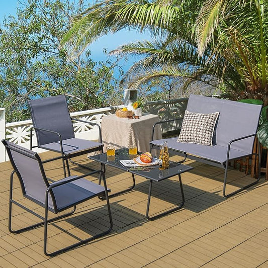 Tangkula 4 Pieces Patio Furniture Set, Outdoor Conversation Set with Tempered Glass Coffee Table, Metal Frame, Breathable Fabric, Indoor & Outdoor Chat Set of 4, for Patio, Poolside, Garden (Gray)