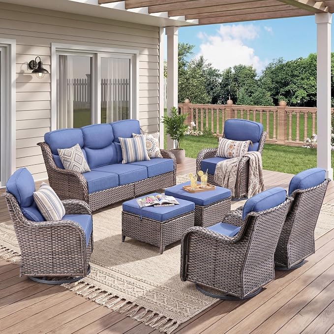 Luxury 10 Pieces Patio Furniture Set, Wicker Swivel Rocker Patio Chairs with 6" Thick Cushion, Outdoor Wicker Sofa with Coffee Table, All Weather Outdoor Conversation for Garden Porch(Grey/Blue)