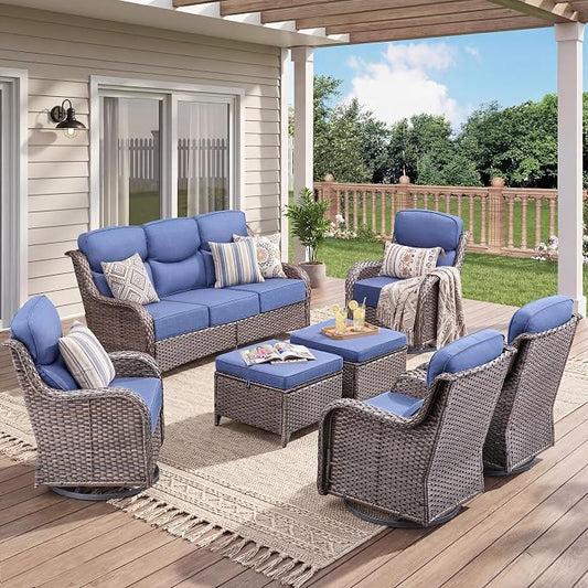 Luxury 10 Pieces Patio Furniture Set, Wicker Swivel Rocker Patio Chairs with 6" Thick Cushion, Outdoor Wicker Sofa with Coffee Table, All Weather Outdoor Conversation for Garden Porch(Grey/Blue)
