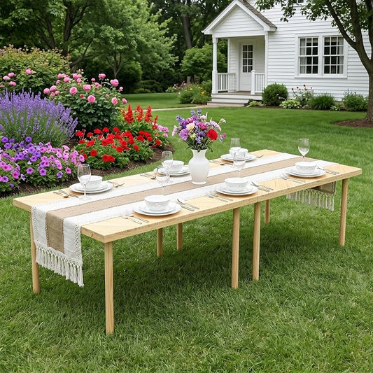 Upgraded Large Low Wooden Folding Picnic Table with 8-Legs, Thick Varnished Tabletop, 60"×30" Portable Boho Beach Table with Table Runner for Yard, Indoor & Outdoor, Camping (Diagonal)