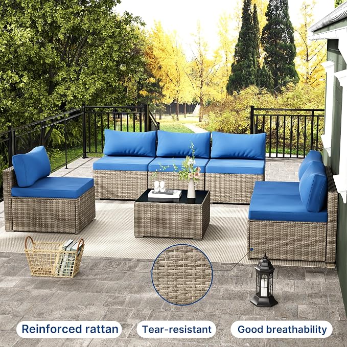 Tradare 7 Piece Patio Furniture Set, Outdoor Wicker Patio Sofa Set, PE Rattan Sectional Couch with Glass Table and Blue Cushions, All-Weather 7 Piece Outdoor Patio Furniture Sets, Grey