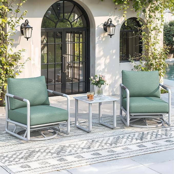 3-Piece Aluminum Patio Furniture Set, Outdoor Swivel Rocking Chairs with 6.5" Thick Cushions & Coffee Table, All-Weather Rust-Resistant Frame Conversation Set for Porch, Garden, Backyard, White
