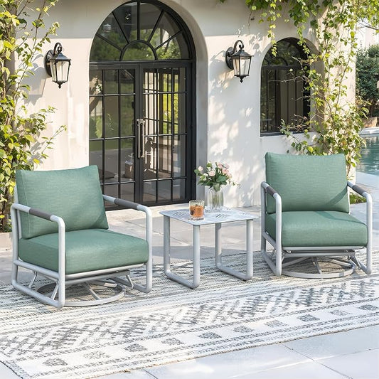 3-Piece Aluminum Patio Furniture Set, Outdoor Swivel Rocking Chairs with 6.5" Thick Cushions & Coffee Table, All-Weather Rust-Resistant Frame Conversation Set for Porch, Garden, Backyard, White