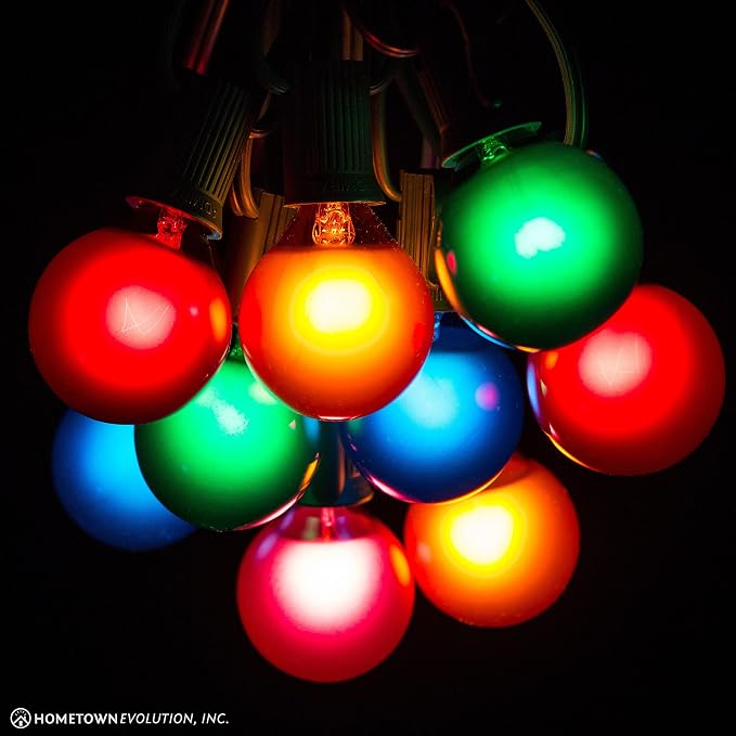 G40 Assorted Satin Pearl Colored String Lights (50 Foot – Green Wire) | G40 Assorted 1.6" Bulbs, Outdoor Globe Patio String Lights