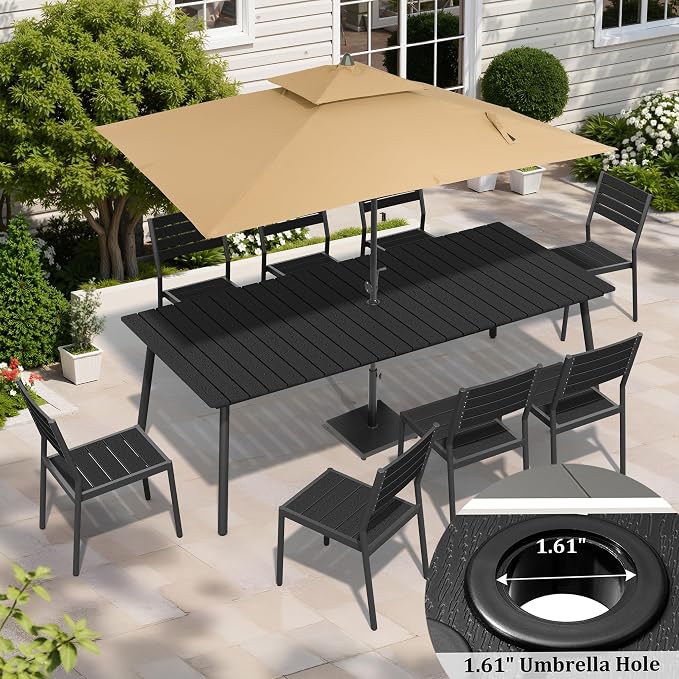 11-Piece Outdoor Dining Set for 10 Person with Black Wood-Grain Top | Armless Stackable Chairs with 19.4" Seat Depth, Aluminum Frame Dining Furniture with Umbrella Hole for Deck, Porch & Backyard