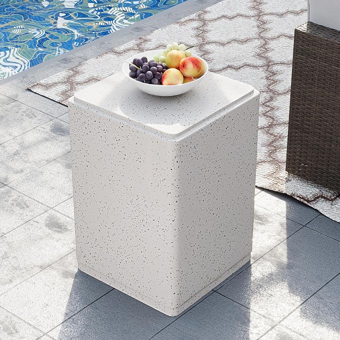 HOMPUS Outdoor Side Table Rectangular, Concrete Lightweight MgO End Table, Patio Accent Coffee Table Garden Tool for Patio, Porch and Deck, Spotted White