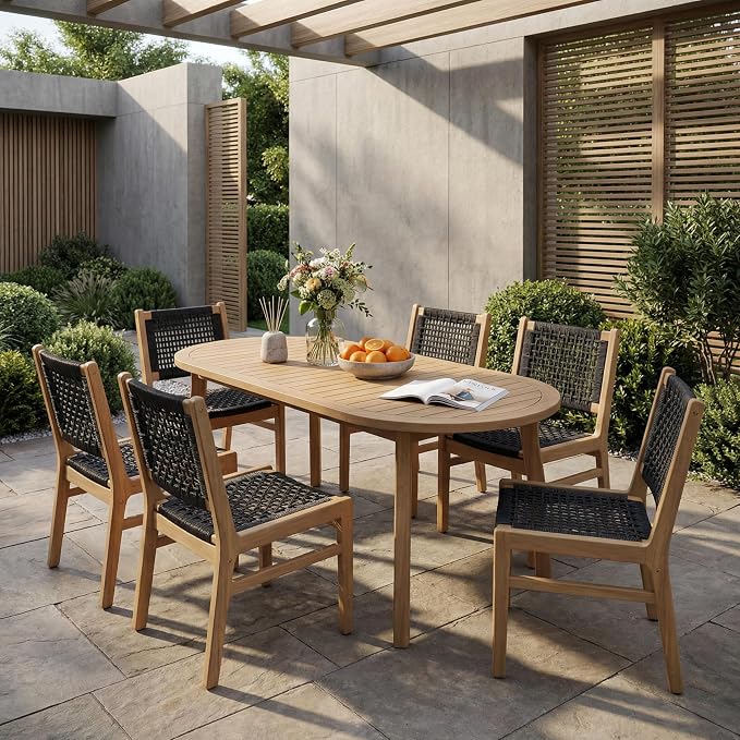 Christopher Knight Home Chuse Acacia Wood Dining Table Set for 6, Solid Wood Outdoor Dining Set for 6, 7 Piece Oval Patio Dining Table and Chair Set with Wicker Seat & Back, Black + Light Teak