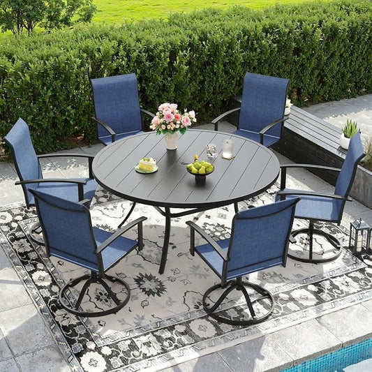 DIFY 7 Pieces Outdoor Dining Set for 6, 50" Black Round Metal Table with Umbrella Hole and Blue Textilene Swivel Patio Chairs, Patio Table and Chairs Set for Garden, Backyard, Poolside