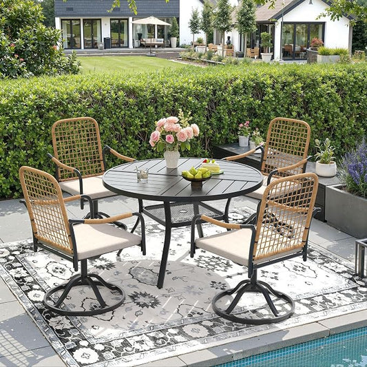 DIFY 5 Pieces Outdoor Dining Set, Metal Patio Table and Chairs Set for 4, 40.6" Round Dining Table with Umbrella Hole & Wicker Swivel Patio Chairs with Cushions, Black Tabletop