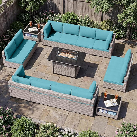 Patio Furniture Set, 15-Piece Outdoor Sectional Sofa with 60,000 BTU Fire Pit Table & 2-Layer Glass Coffee Table, Wicker Patio Conversation Set with Cyan Cushions