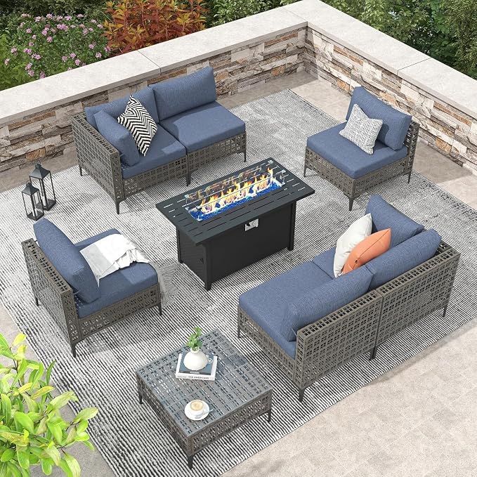 8-Piece Wicker Patio Furniture Set with Propane Fire Pit Table, Natural PE Rattan Outdoor Sectional Sofa with Water-Resistant Cushions, Wind Guard and Cover for Backyard Lounge Area(Blue)