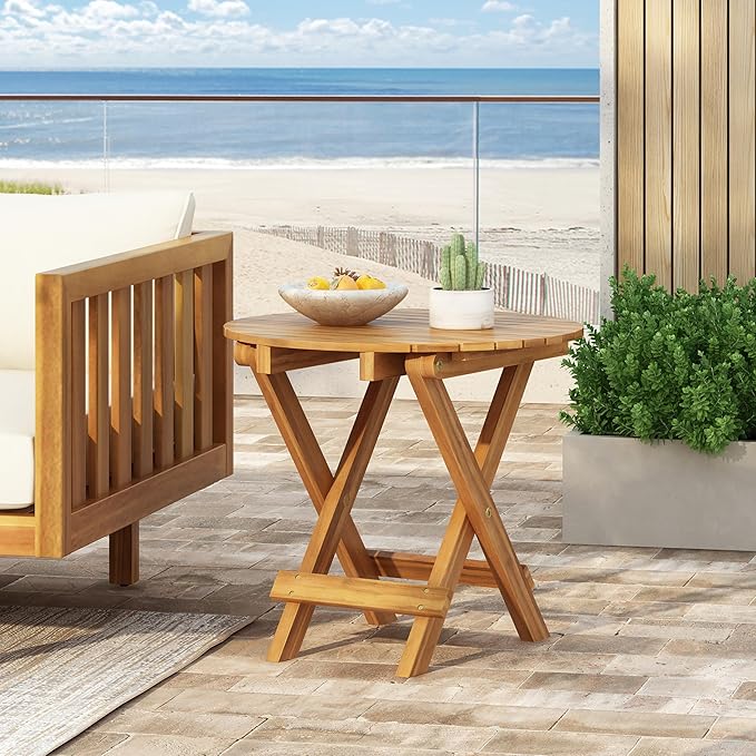 Merax Outdoor Acacia Wood Decorative Side Table, Foldable and Adjustable Patio Coffee Table, Suitable for Backyard, Garden, Poolside, Balcony