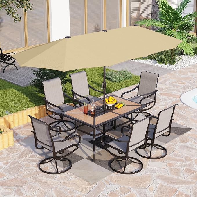 PHI VILLA 8 Pc Outdoor Dining Set with 13ft Umbrella, Swivel Mesh Chairs | 60'' wood-look rectangular table, 6 grey patio textilene chairs and 13ft beige umbrella(NO BASE) for deck, garden, backyard