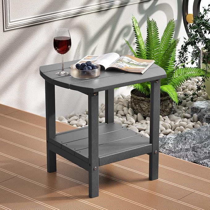 TORVA Patio Adirondack Side Table, Outdoor End Tables All-Weather Resistant HDPE Humidity-Proof Long Time Use for Deck, Lawn,Garden, Porch, Backyard End Table(Gray Color-2 Tier)