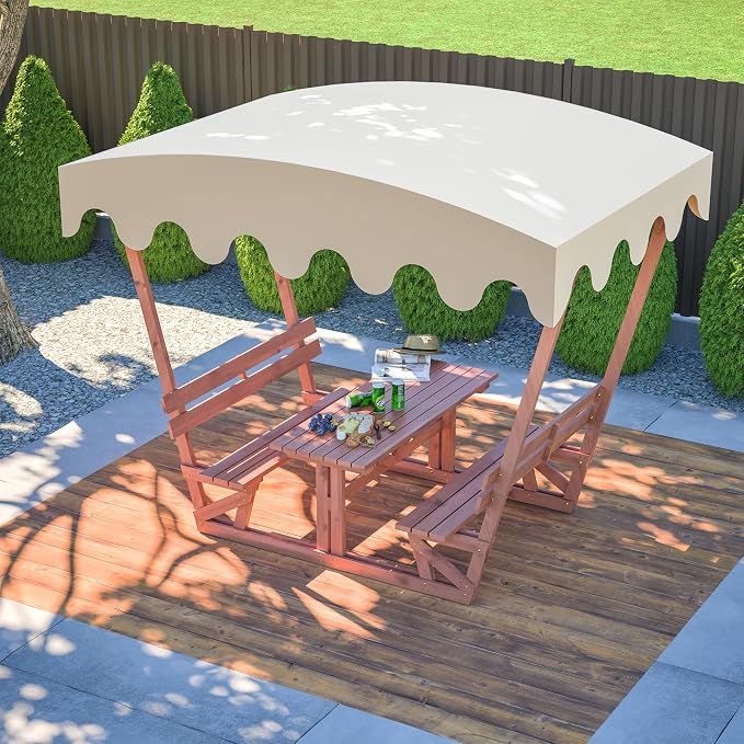 KEIKI Outdoor Waterproof Solid Wood Picnic Table and Bench Set with Removable Canopy, Outdoor Picnic Table Set for Patios, Gardens, Decks, Parks, Beaches