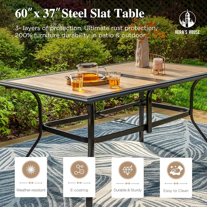 HERA'S HOUSE 7pc Patio Dining Set, Metal Table with PVC Top, Red Chairs | 60" rectangular table with umbrella hole, 6 textilene chairs. Waterproof, rust-resistant, all-weather for yard, porch