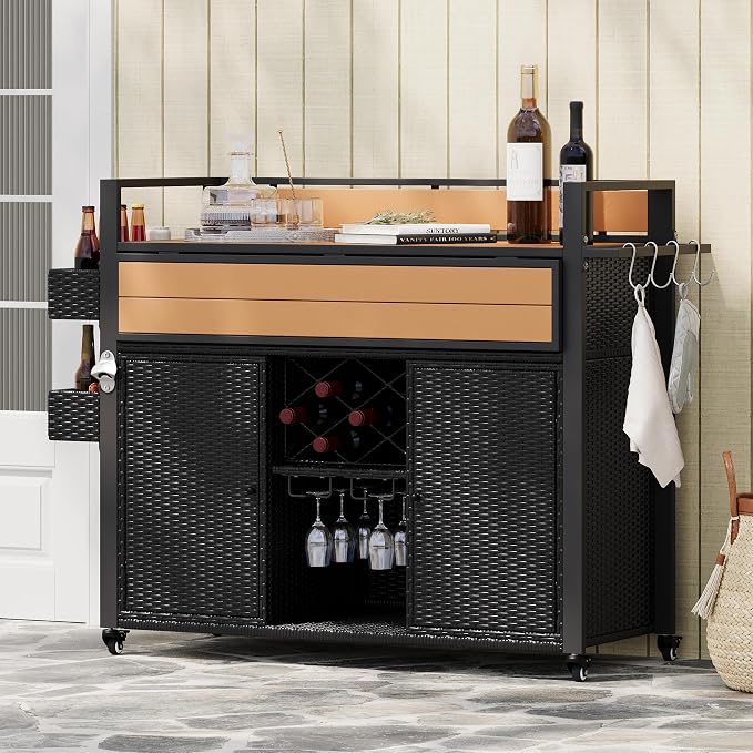 Merax Outdoor Bar Table & Storage Cabinet, Wheels and Drop Leaf Table Top, Patio Bar Table with Raised Shelf for Patio Kitchen or Bar Cart, Black Brown