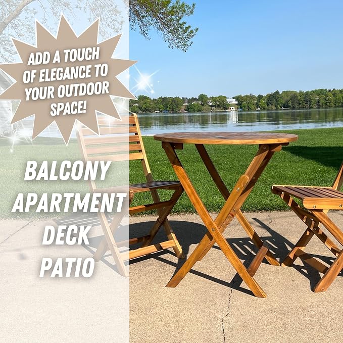 Patio Wise Folding Outdoor Patio Table, Round Foldable Acacia Wood Deck Bistro Bar, Portable Apartment, Balcony, Railing & Porch Furniture, 27 1/2-inch Diameter, Teak Color