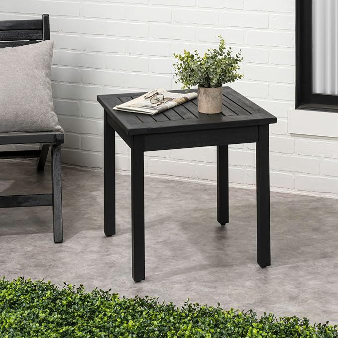 JONATHAN Y Archer 18" Square Acacia Wood Outdoor Side Table, Modern Glossy Black Slatted Patio End Table for Porch, Poolside and Garden, Weather Resistant Accent Table END6000B