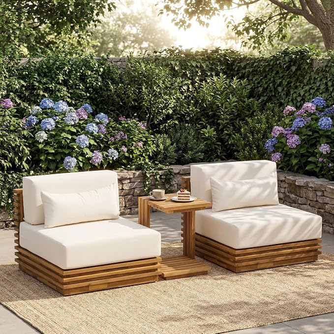 Merax Oversized Outdoor 3-Piece Chat Set with 2 Club Chairs & Side Table, Acacia Wood Frame, Natural Finish with Beige Cushions for Patio & Garden
