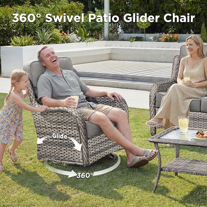 Luxury Outdoor Swivel Rocker Patio Chairs-4 Pieces High Back Swivel Rocker Patio Chairs with Thick Cushions All Weather Wicker Outdoor Furniture Set for Deck Porch Balcony(Grey/Grey)
