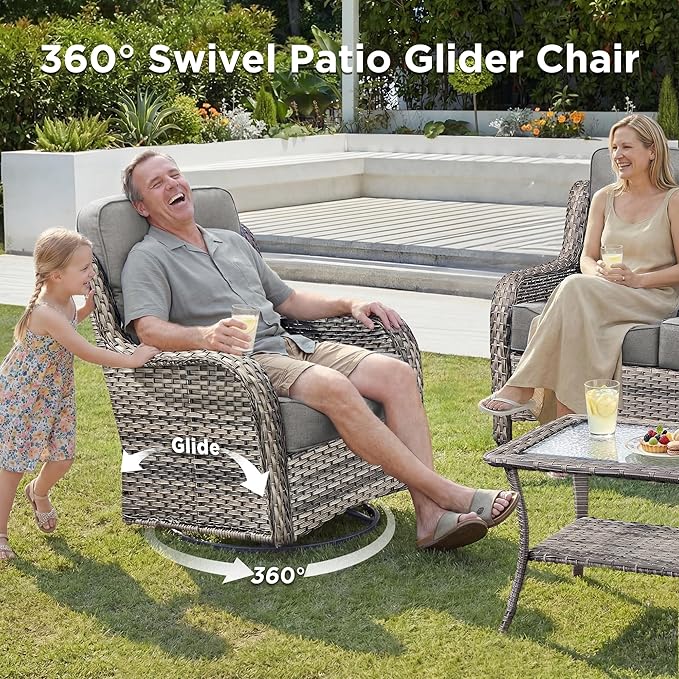 Luxury Patio Furniture Set with Fire Pit Table-4 Pieces High Back Wicker Swivel Rocker Chairs with 6" Extra Thick Cushions, Outdoor Patio Conversation Sets for Porch Deck Garden(Grey/Grey)