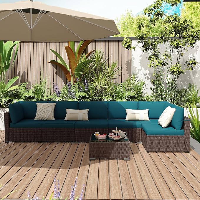 KIGOTY Patio Furniture Set,7 Pieces Modular Outdoor Sectional Sofa, PE Rattan Patio Conversation Set, All Weather Wicker Patio Furniture with Cushions and Coffee Table（Brown/Peacock Blue）