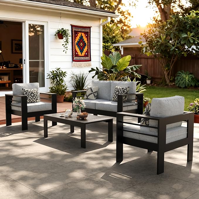 LayinSun Outdoor Aluminum Furniture Set, 4 Pieces Patio Sectional Conversation Chat Sofa Modern Seating Set with Coffee Table