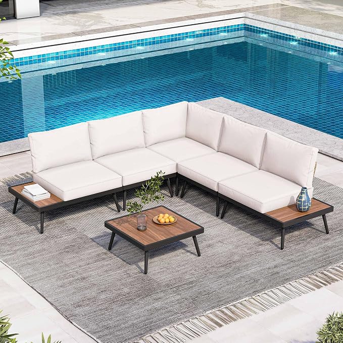 LAUSAINT HOME L-Shaped Outdoor Furniture Set, 6 Pieces PE Rattan Patio Conversation Set, Rustproof Steel Sectional Sofa with Thickened Cushions & Coffee Table for Patio, Garden, Poolside and Balcony