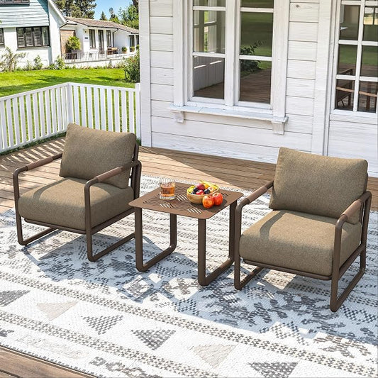 3-Piece Outdoor Aluminum Patio Sofa Set with Coffee Table, Deep Seating Conversation Set with 6.5" Cushions, Modern All-Weather Furniture for Garden, Balcony, Poolside, Brown