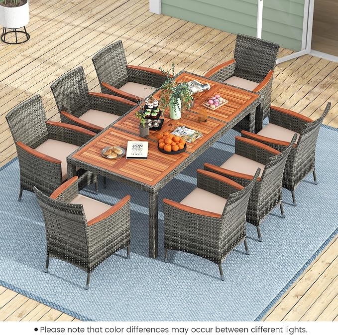 9 Pieces Outdoor Wicker Dining Set with Umbrella Hole, Patio Dining Furniture Set with Acacia Wood Table and Chairs, Garden Dining Table Set for Backyard, Desk, Poolside (Gray)