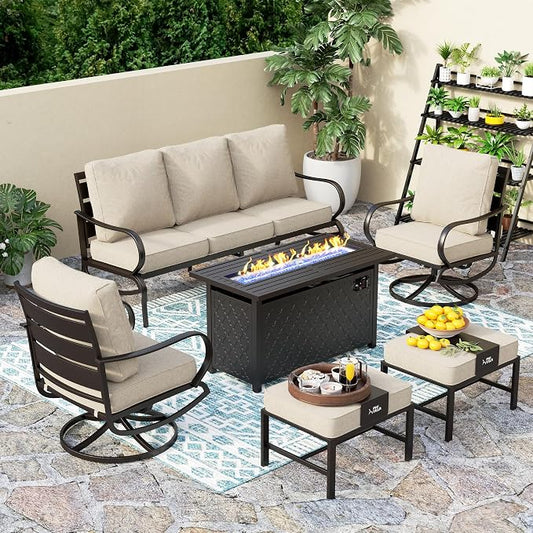 PHI VILLA Patio Furniture Set with FirePit Table, Outdoor Furniture with 1 x 72 Deep Seating Sofa Bench, 1 x 45 Gas Firepit Table, 2 x Swivel Sofa Chairs, 2 x Metal Cushioned Ottoman