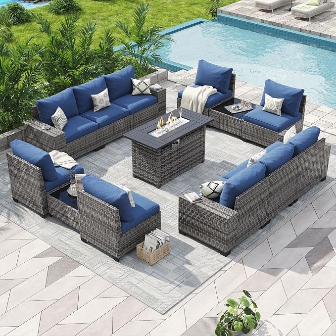 Aoxun Patio Furniture Sets with 44'' Fire Pit, 13 Pcs Outdoor Patio Coversation Set with 4in Thicken Cushion, Widen Armrests Wicker Outdoor Sectional for Backyard