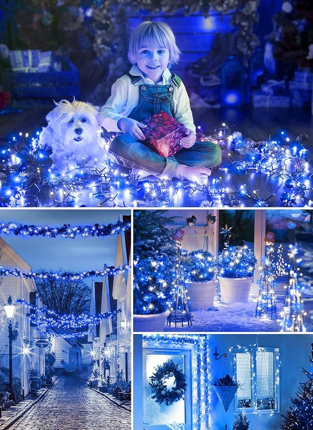 Minetom Solar Christmas Lights Outdoor Waterproof, 2Pack Total 80FT 200 LED | Solar Christmas Outdoor Decoration with 8 Modes, Solar String Lights for Outside House Tree Yard Garden, Blue & Pure White