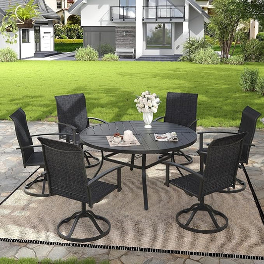 VICLLAX 7 Pieces Patio Outdoor Dining Set, 6 Swivel Textilene Chairs and 53" Round Metal Table with Umbrella Hole for Porch, Deck, Garden, Black