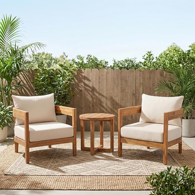 Christopher Knight Home Maze 3-Piece Acacia Wood Patio Furniture Set, Outdoor Conversation Club Chair Set with Coffee Table, Patio Chat Set for Backyard Balcony, Teak+Beige
