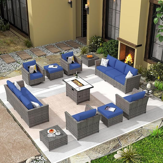 CAODOC 16 Pieces Patio Furniture Conversation Set with 42" Fire Pit Table Rocking Chair Outdoor Sectional Gray Wicker Sofa Set