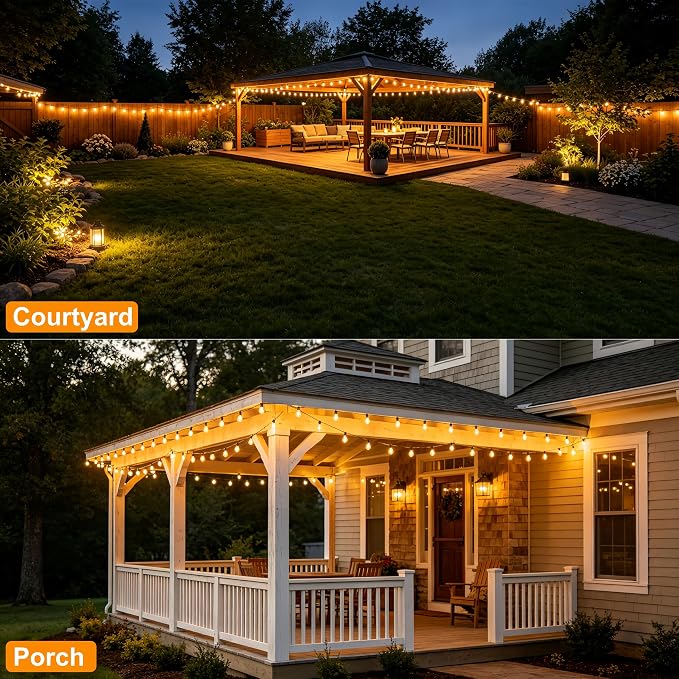 Outdoor String Lights 50FT 26 LED, Waterproof Dimmable Patio Lights | Remote Control, Shatterproof Edison ST38 Bulbs, Timer, Plug-In, Warm White Hanging Light for Garden Yard Porch Deck Decor