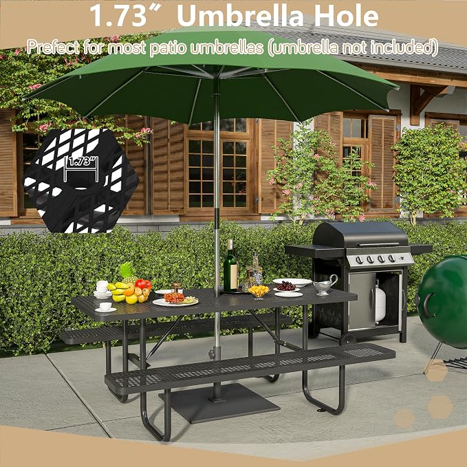 72 Inch Rectangular Metal Picnic Table with 1.73" Umbrella Hole, Heavy-Duty Steel Mesh Table Set, Weather Resistant Sturdy Outdoor Furniture, for Patio, Garden, Courtyard & BBQ, Black