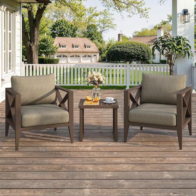 3 Piece Aluminum Patio Furniture Set, Modern Outdoor Patio Conversation Sets with Ergonomic Armhairs and Side Table, 6" Thick Washable Cushions for Balcony, Porch, Backyard,Brown