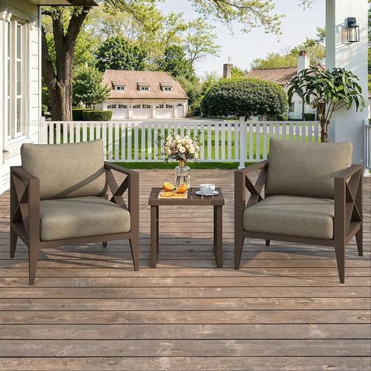 3 Piece Aluminum Patio Furniture Set, Modern Outdoor Patio Conversation Sets with Ergonomic Armhairs and Side Table, 6" Thick Washable Cushions for Balcony, Porch, Backyard,Brown