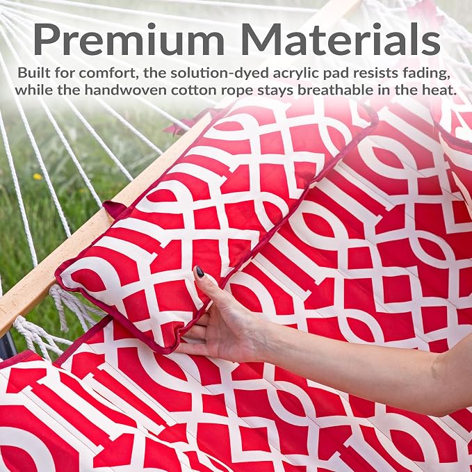 Sunnydaze Rope Double Hammock with Stand for Outside - Heavy Duty Freestanding Portable Outdoor Hammock Set with Quilted Pad, Pillow, and 12-Foot Steel Frame - 450 lb Capacity - Royal Red