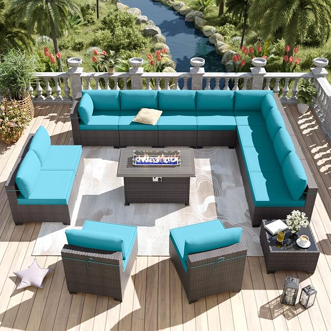 Kurapika 14 Pieces Patio Furniture Set, Rattan Wicker Outdoor Conversation Sets w/43in Propane Fire Pit Table and 4 Inch Cushion(Blue)