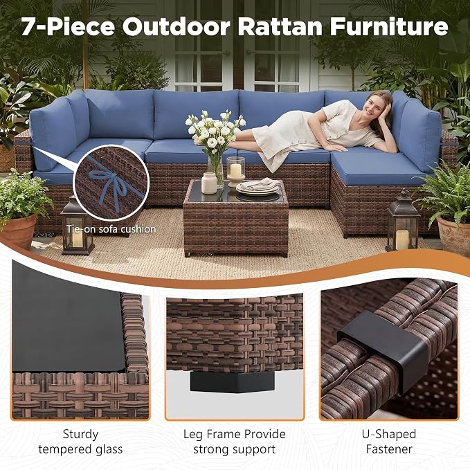 LHBcraft Patio Furniture Set,7 Pieces Outdoor Wicker Rattan Patio Furniture with Rain Cover, Wicker Rattan Outdoor Sectional Sofa Set with Coffee Table for Garden, Taupe-Blue