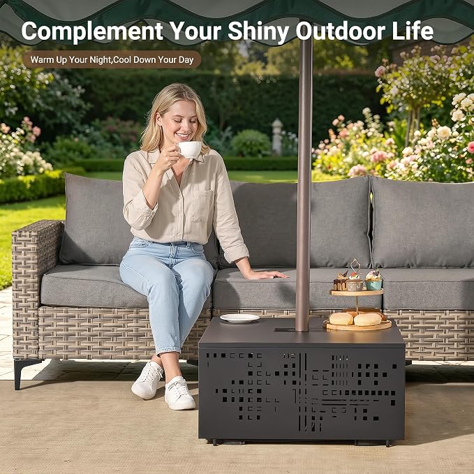 HOOOWOOO Outdoor Patio Solar Table with Umbrella Hole,Metal Coffee Side End Table,Umbrella Table with 2" Hole for Yard,Deck,Porch,Garden(Square Black)