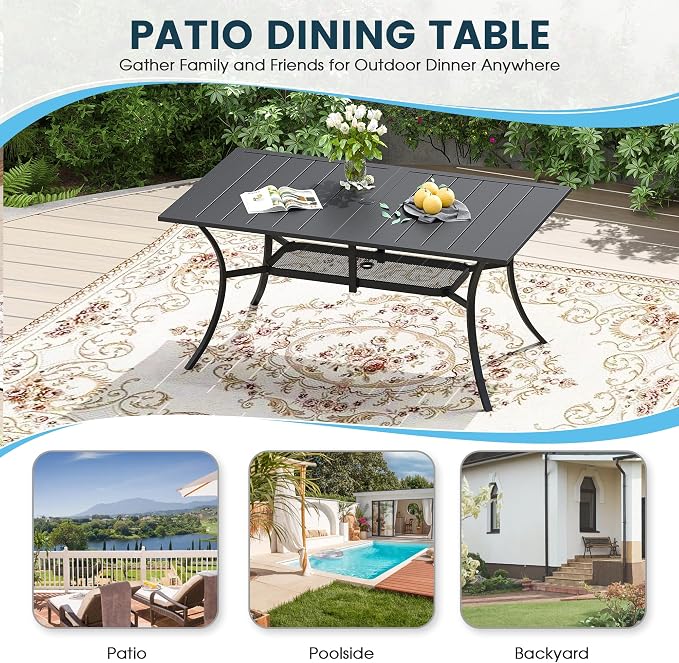 7 Pieces Patio Furniture Dining Set, 6 Textilene Swivel Dining Chairs, 59" Outdoor Rectangular Metal Table with 1.57" Umbrella Hole, Outdoor Dining Set for Porch, Lawn, Garden, Black/Black