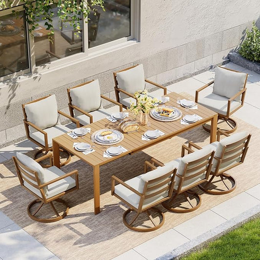 HAPPATIO Expandable Aluminum Outdoor Dining Set,9-Piece Patio Aluminum Dining Set with Wood-Like Hand-Painted Finish,8 Swivel Rockers with Expandable Table for Lawn, Garden, Backyard