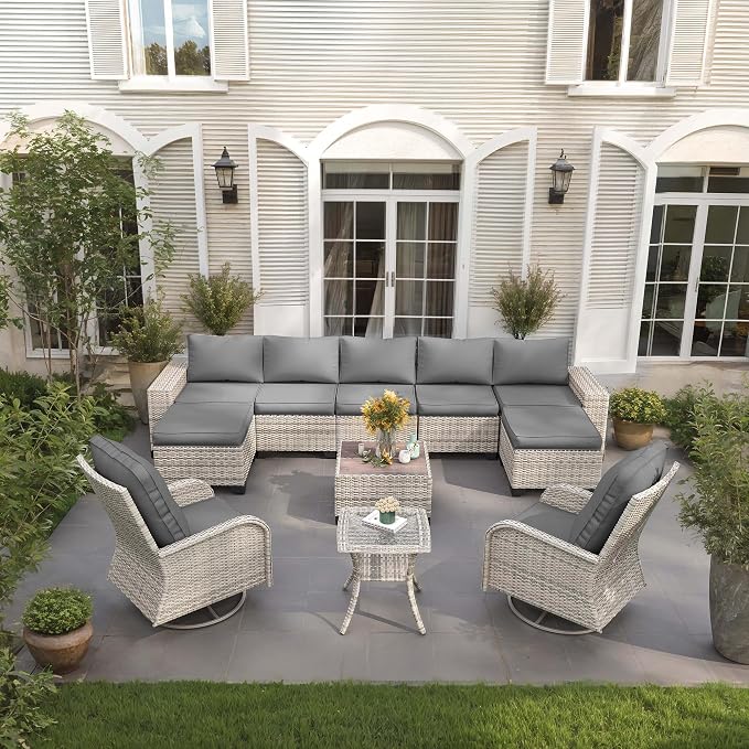 11-Piece Outdoor Patio Furniture Set with Rocking Swivel Chair Wicker Sectional Sofa Set, Patio Conversation Set with Ottomans & Chunky Arms for Garden, Backyard, Poolside, Grey