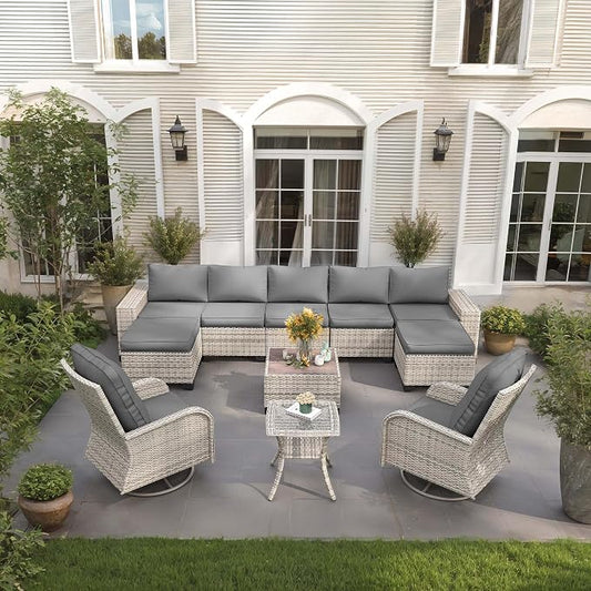 11-Piece Outdoor Patio Furniture Set with Rocking Swivel Chair Wicker Sectional Sofa Set, Patio Conversation Set with Ottomans & Chunky Arms for Garden, Backyard, Poolside, Grey