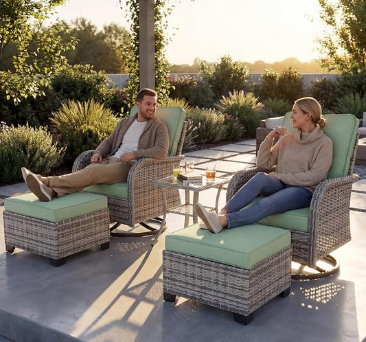 Outdoor Patio Furniture Set 5PCS Patio Rocking Swivel Chair with Tempered Glass Side Table, Outdoor Wicker Rattan Bistro Set with Ottomans for Garden, Deck, and Balcony, Light Green